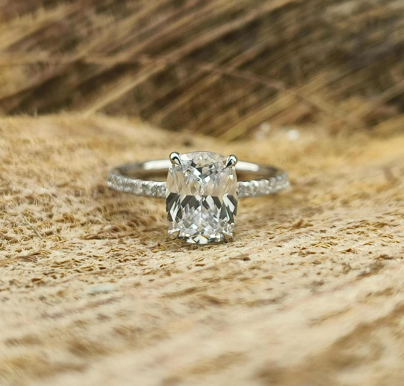 2 CT Elongated Cushion Solitaire Accent Engagement Ring / Solitaire Accent Wedding Ring / Cushion Cut Diamond Moissanite Ring Gift For Mother