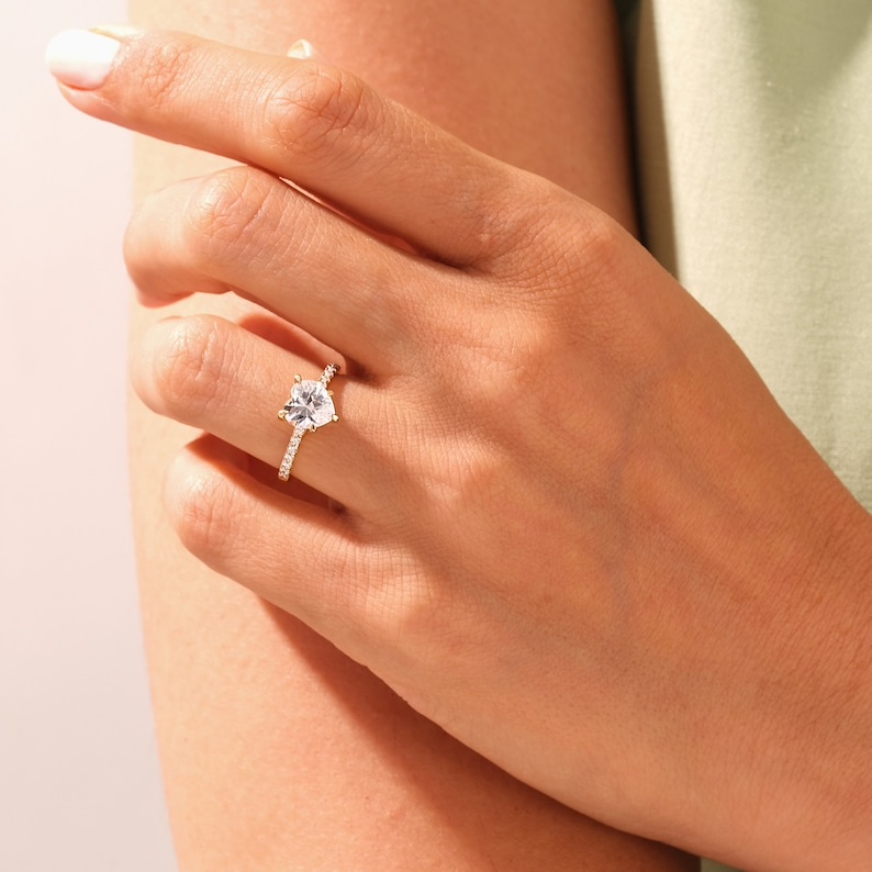 1.50 CT Heart Engagement Ring / 14K Solid Gold Promise Ring / Moissanite Half Eternity Ring / Side Stone Accented Ring