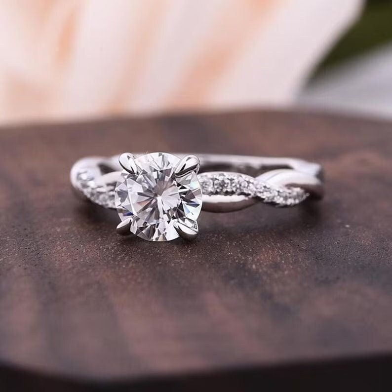 2.00 Ct Round Cut Moissanite Infinity Shank Engagement Wedding Ring, Twisted Band, Promise Ring, Gift For Girlfriend, Pave Accent Stack Ring