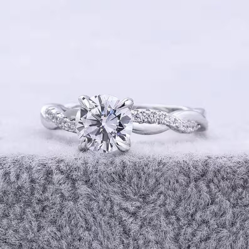 2.00 Ct Round Cut Moissanite Infinity Shank Engagement Wedding Ring, Twisted Band, Promise Ring, Gift For Girlfriend, Pave Accent Stack Ring