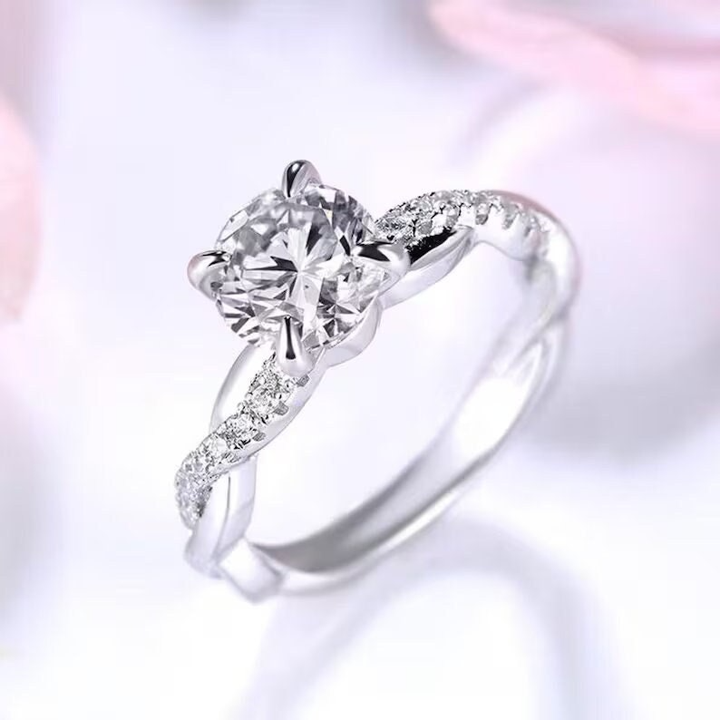 2.00 Ct Round Cut Moissanite Infinity Shank Engagement Wedding Ring, Twisted Band, Promise Ring, Gift For Girlfriend, Pave Accent Stack Ring