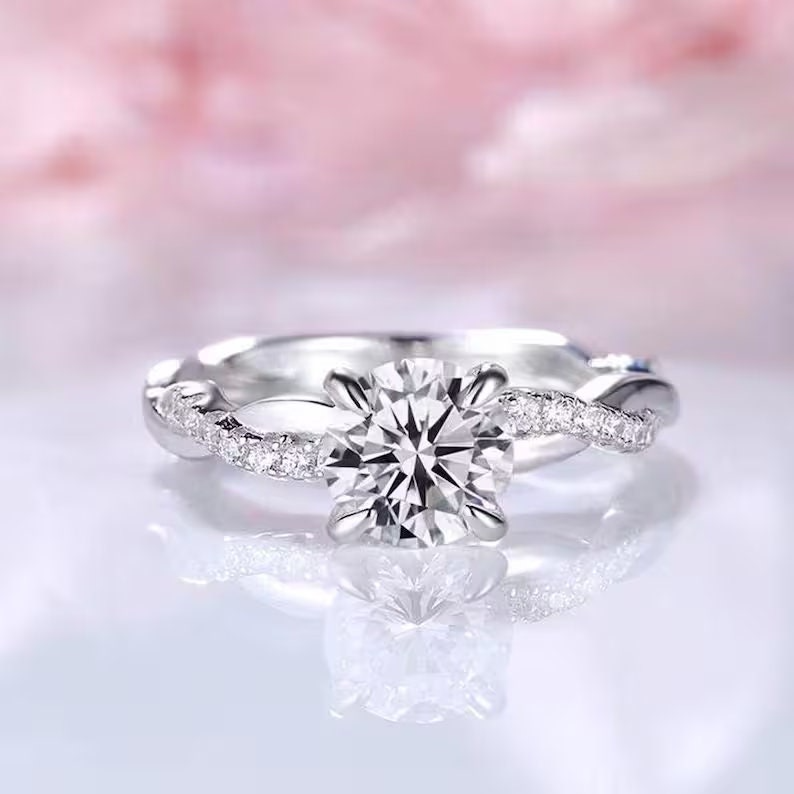 2.00 Ct Round Cut Moissanite Infinity Shank Engagement Wedding Ring, Twisted Band, Promise Ring, Gift For Girlfriend, Pave Accent Stack Ring