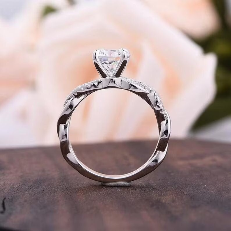 2.00 Ct Round Cut Moissanite Infinity Shank Engagement Wedding Ring, Twisted Band, Promise Ring, Gift For Girlfriend, Pave Accent Stack Ring