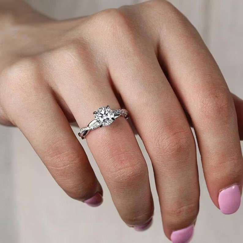 2.00 Ct Round Cut Moissanite Infinity Shank Engagement Wedding Ring, Twisted Band, Promise Ring, Gift For Girlfriend, Pave Accent Stack Ring