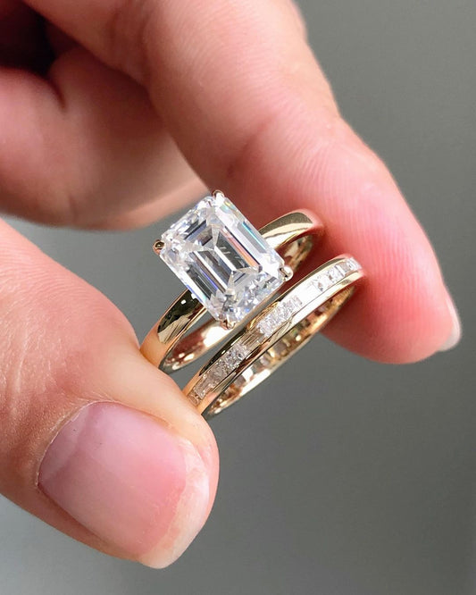 2.92 TC Emerald Cut Solitaire Ring Set|Hidden Halo|14k Solid Yellow Gold Ring|Baguette & Princess Cut Eternity Matching Band|Bridal Ring Set