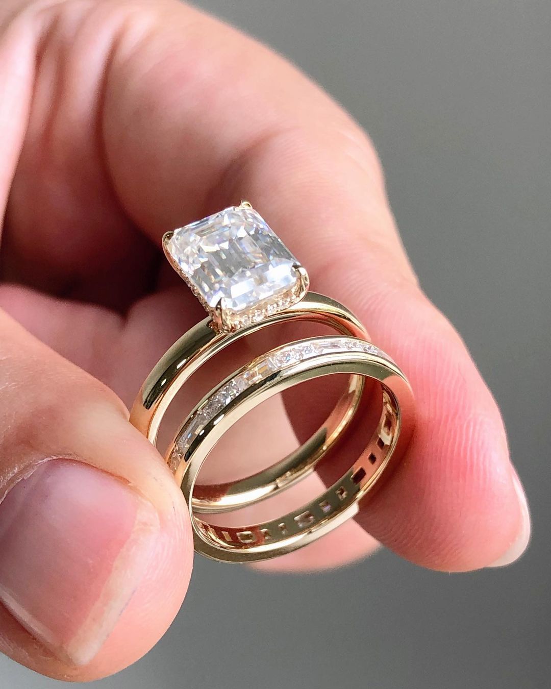 2.92 TC Emerald Cut Solitaire Ring Set|Hidden Halo|14k Solid Yellow Gold Ring|Baguette & Princess Cut Eternity Matching Band|Bridal Ring Set