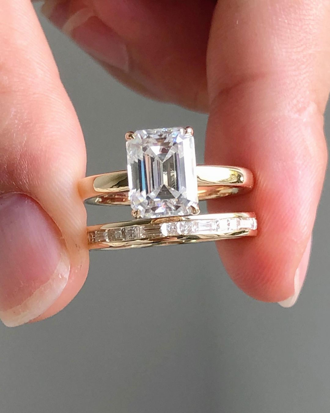 2.92 TC Emerald Cut Solitaire Ring Set|Hidden Halo|14k Solid Yellow Gold Ring|Baguette & Princess Cut Eternity Matching Band|Bridal Ring Set