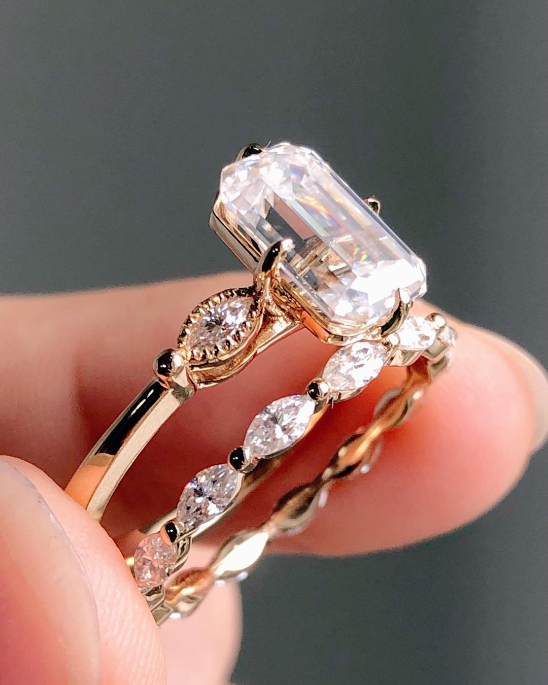3 CT Emerald Cut Moissanite Diamond Ring Set Emerald Diamond Engagement Rings Wedding Sets 14K Gold Ring Sets Anniversary Rings Promise Ring