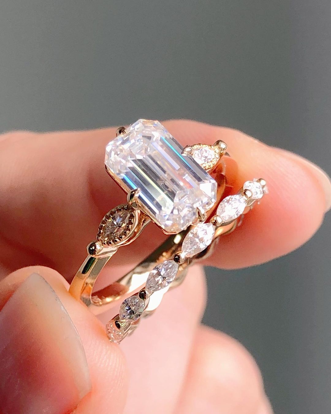 3 CT Emerald Cut Moissanite Diamond Ring Set Emerald Diamond Engagement Rings Wedding Sets 14K Gold Ring Sets Anniversary Rings Promise Ring