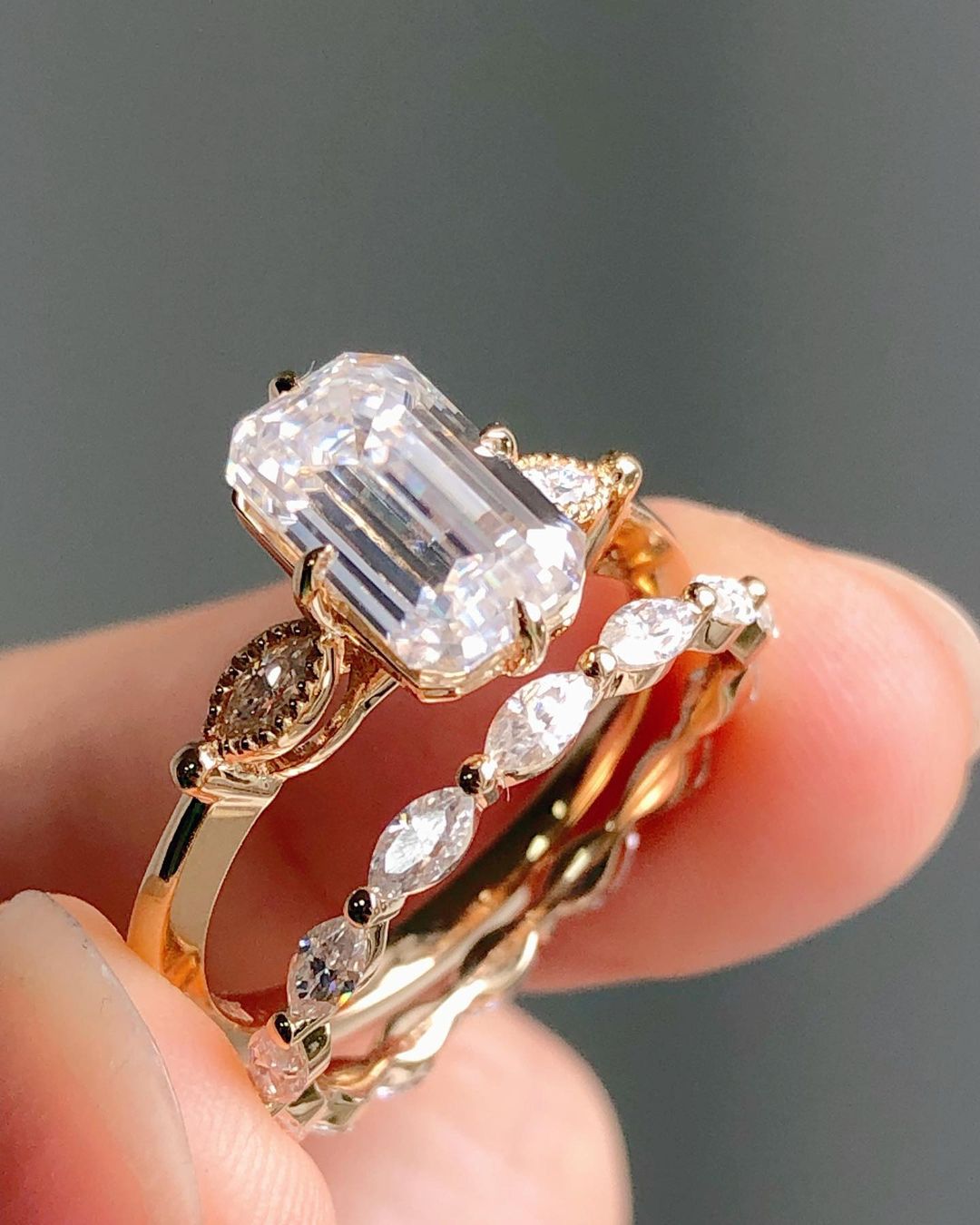 3 CT Emerald Cut Moissanite Diamond Ring Set Emerald Diamond Engagement Rings Wedding Sets 14K Gold Ring Sets Anniversary Rings Promise Ring