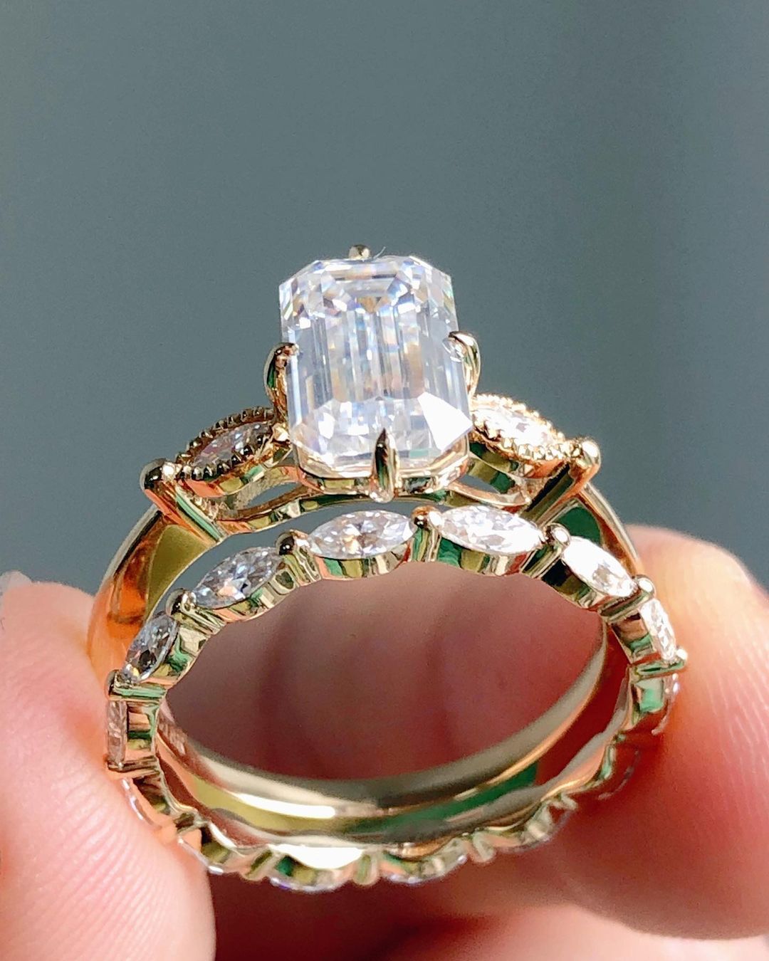 3 CT Emerald Cut Moissanite Diamond Ring Set Emerald Diamond Engagement Rings Wedding Sets 14K Gold Ring Sets Anniversary Rings Promise Ring